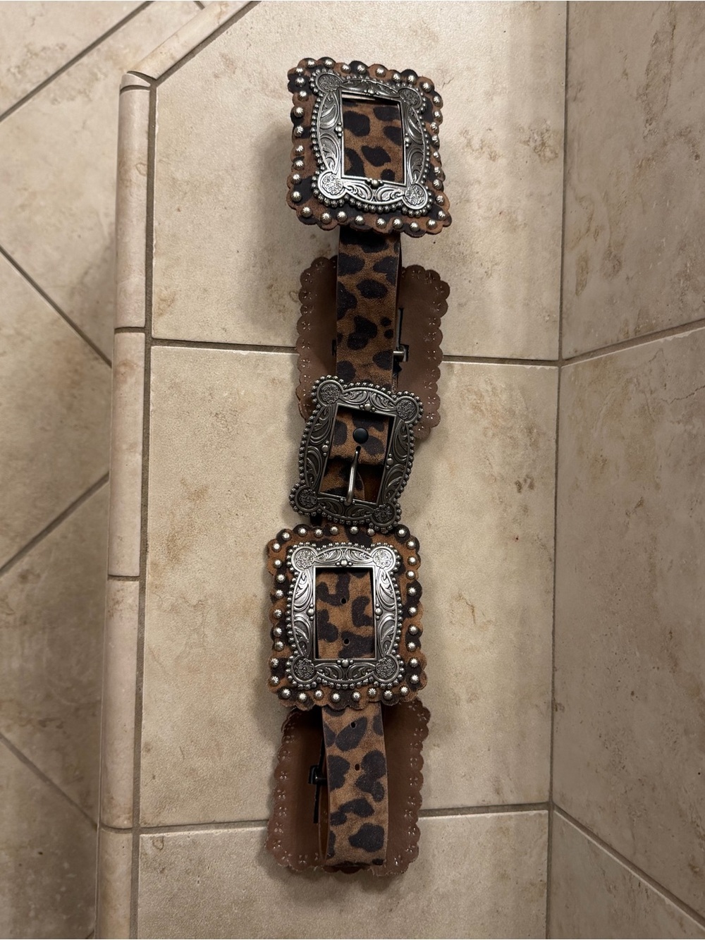 Leopard Print Western concho Buckle Belt - Brown Leopard